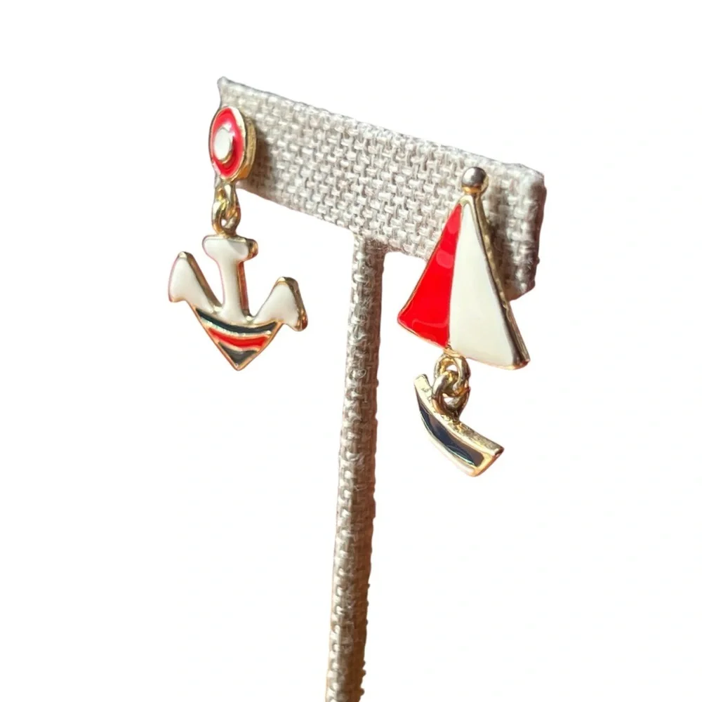 Nautical Red White and Blue Enamel and Gold Post Earrings Anchor Sailboat